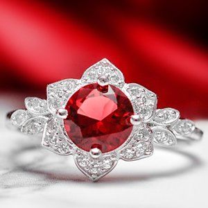 Red Ruby Gemstone Flower Ring, 925 Sterling Silver Charmed Aroma Valentines